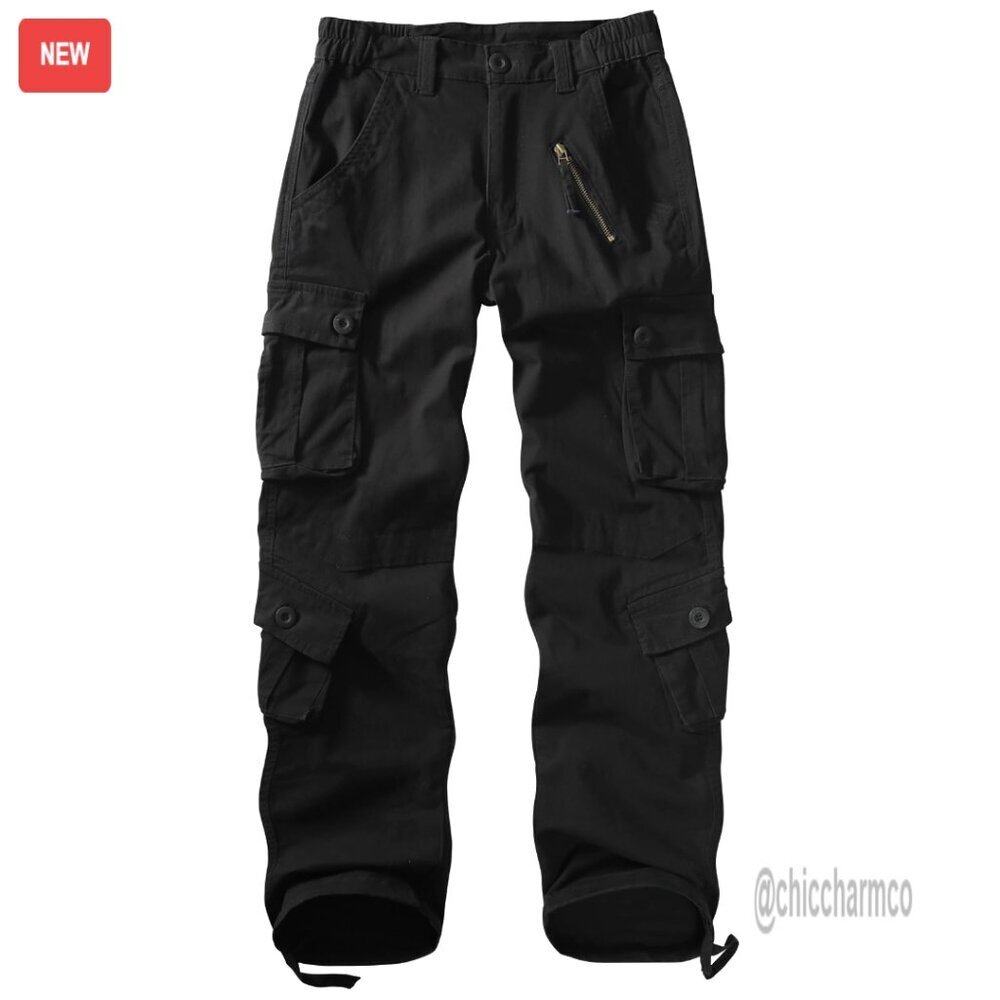 Mid-Rise Cargo Pants Heavy Cotton 8 Pockets Regular Fit Plus Size